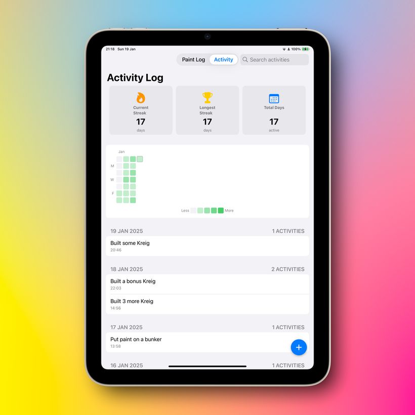 A digital tablet displays an 'Activity Log' screen with sections showing a current streak, longest streak, and total active days, all highlighted with green bars. Below, a calendar-like grid illustrates activity over January, showing days with logged activities. Recent entries list specific tasks performed on various days, including building and painting activities. The background features a gradient from yellow to pink.